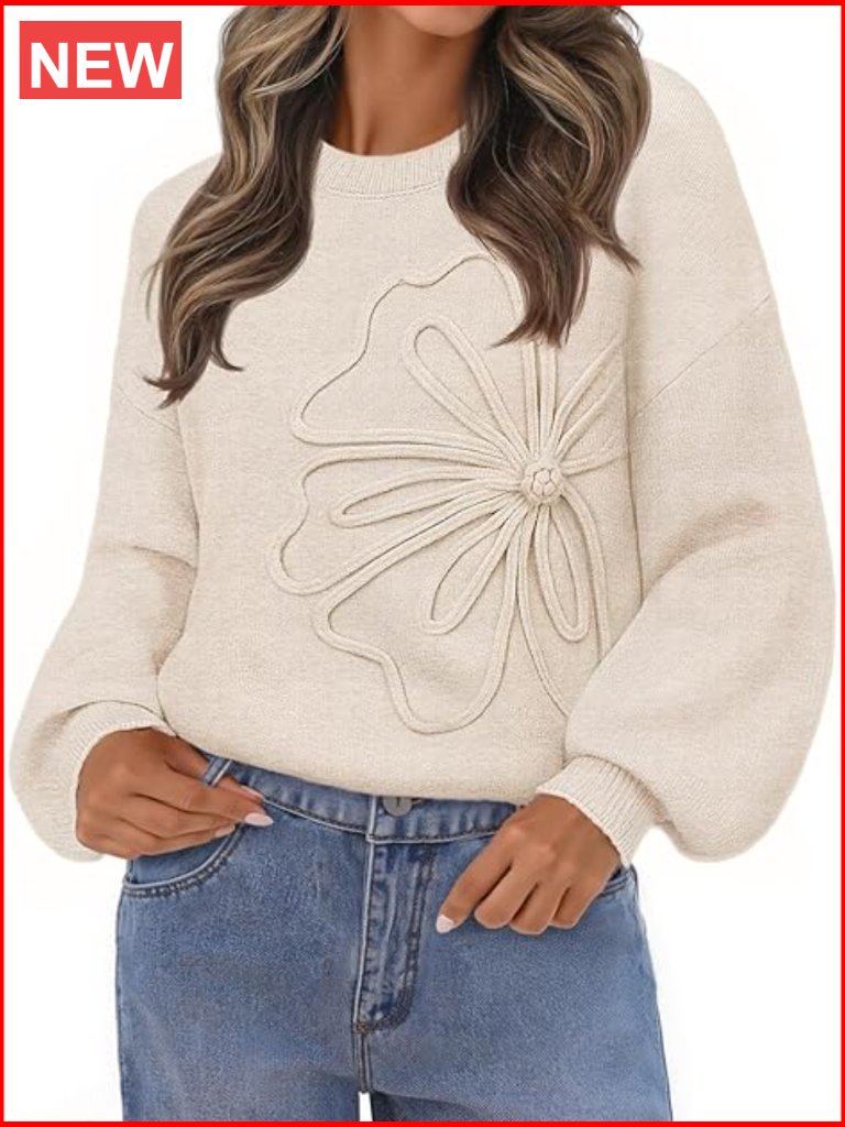 Warm Chunky Oversized Pullover With 3d Floral Design Lantern Sleeve